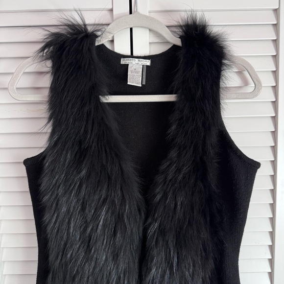 Alberto Makali Real Fox Fur Shawl Wool Blend Open Vest Black Size Medium - Picture 2 of 7